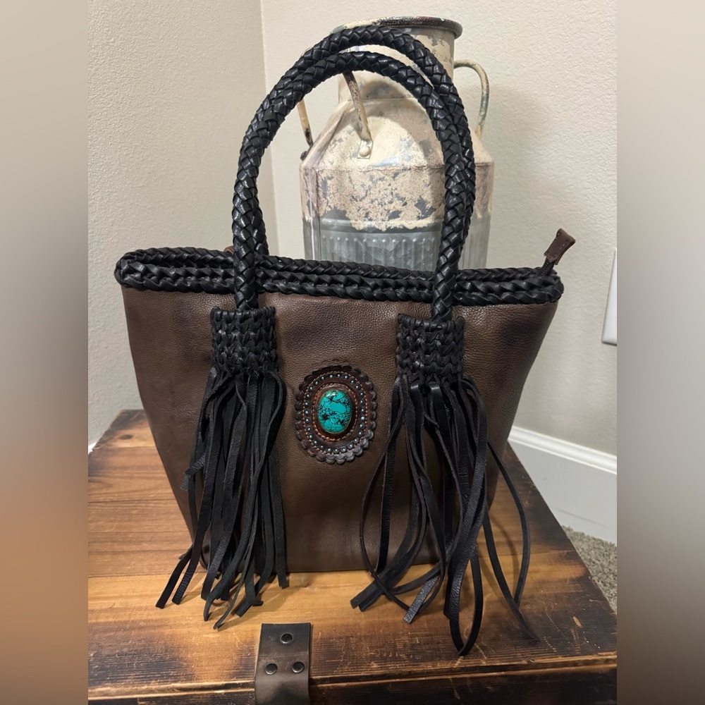 Brown Leatherette Tote with Turquoise Accent and Black Fringe